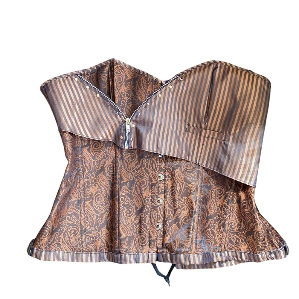 Steampunk Paisley Pinstripe Lace Up Brown Corset Top‎ 6XL 20 Victorian Ren Faire
